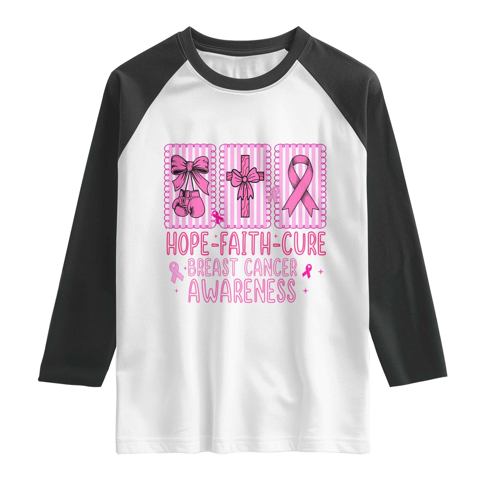 Hope Faith Cure Breast Cancer Awareness Raglan Shirt Pink Ribbon Survivor Support Gift TS12 White Black Print Your Wear