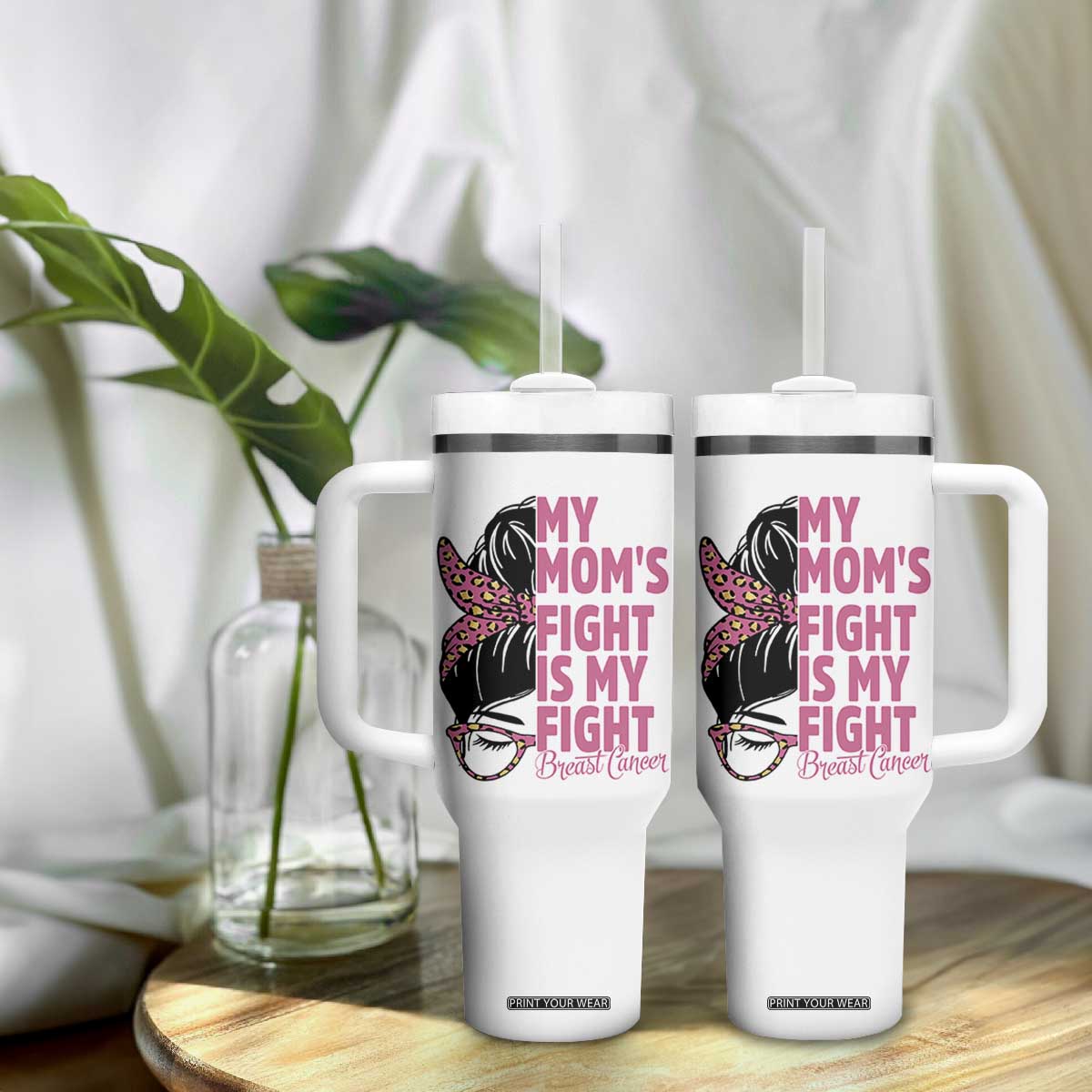 Breast Cancer Support Tumbler With Handle My Moms Fight My Fight TS12 Print Your Wear