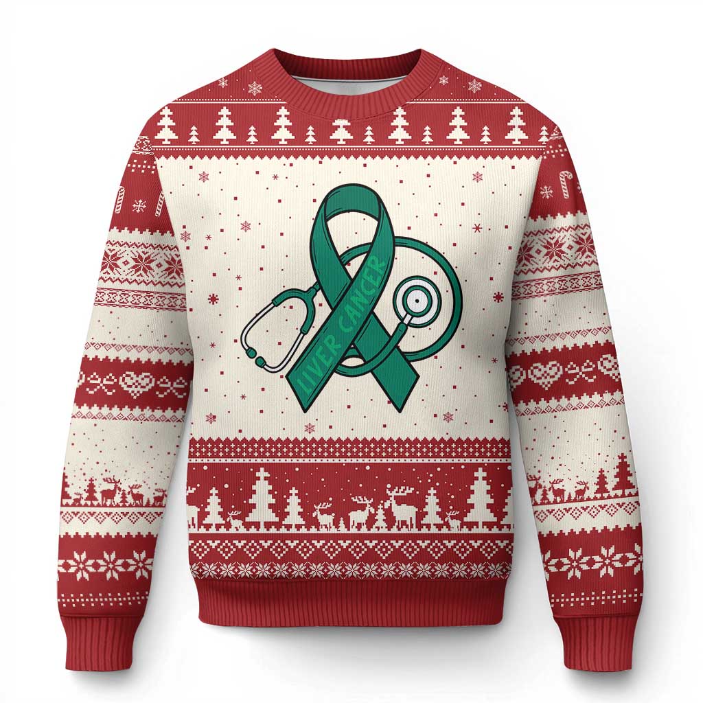 Liver Cancer Strong Nurse Warrior Ugly Christmas Sweater Stethoscope Healthcare Support Gift TS12 Beige Red Print Your Wear