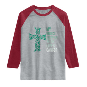My God Is Stronger Than Liver Cancer Raglan Shirt Faith Hope Support Gift TS12 Heather Gray Heather Red Print Your Wear