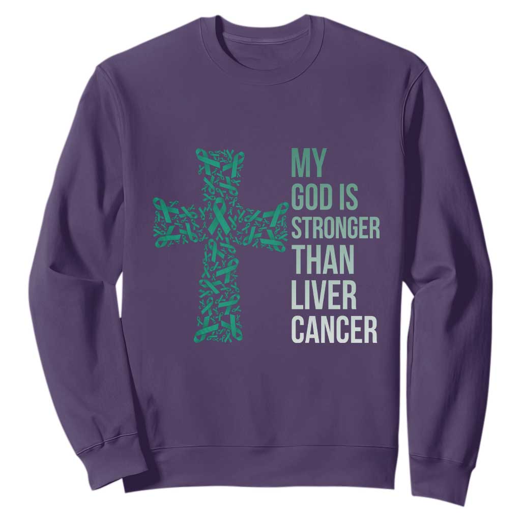 My God Is Stronger Than Liver Cancer Sweatshirt Faith Hope Support Gift TS12 Purple Print Your Wear