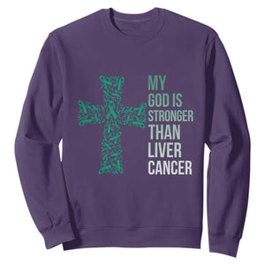 My God Is Stronger Than Liver Cancer Sweatshirt Faith Hope Support Gift TS12 Purple Print Your Wear