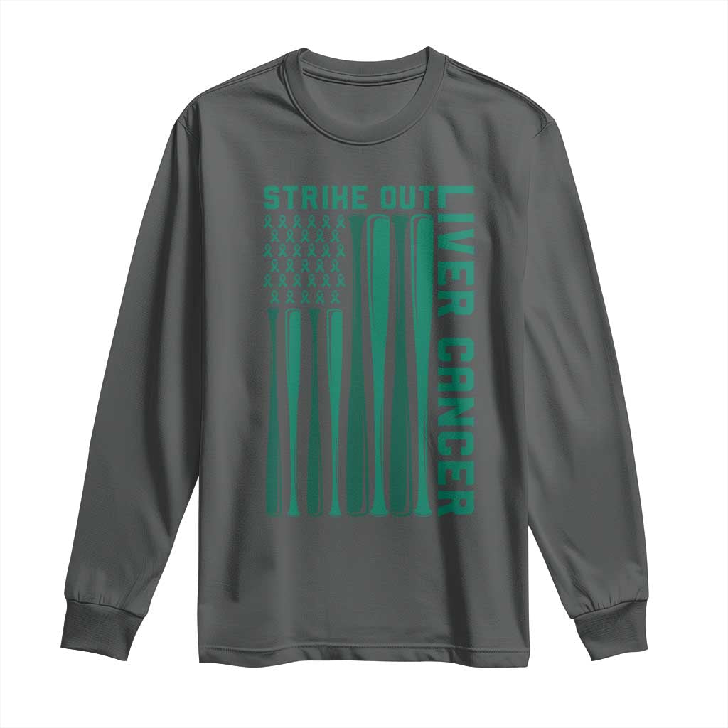 Strike Out Liver Cancer Baseball Long Sleeve Shirt American Flag Support Gift TS12 Dark Heather Print Your Wear