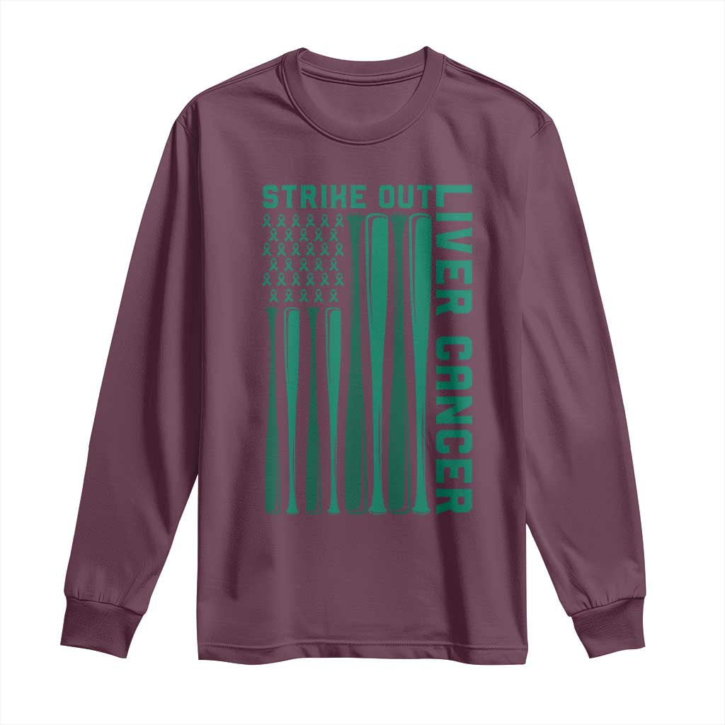 Strike Out Liver Cancer Baseball Long Sleeve Shirt American Flag Support Gift TS12 Maroon Print Your Wear