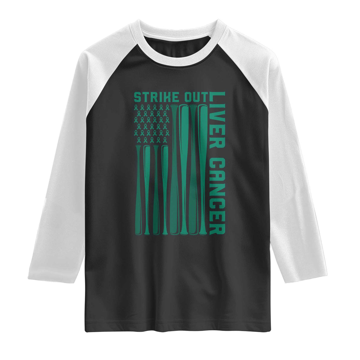 Strike Out Liver Cancer Baseball Raglan Shirt American Flag Support Gift TS12 Black White Print Your Wear