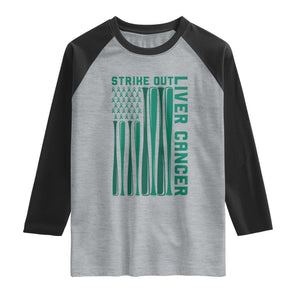 Strike Out Liver Cancer Baseball Raglan Shirt American Flag Support Gift TS12 Heather Gray Black Print Your Wear