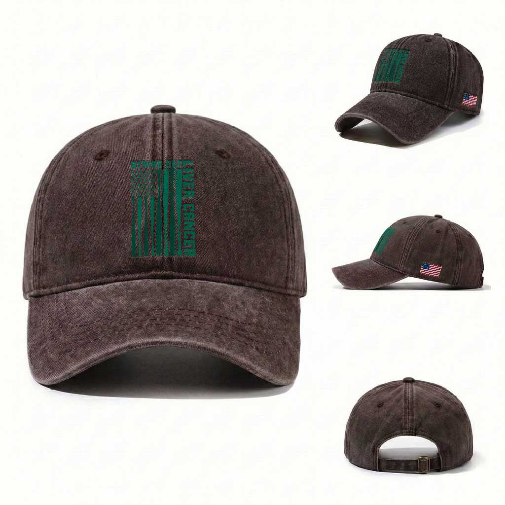 Strike Out Liver Cancer Baseball Washed Cotton Baseball Cap American Flag Support Gift TS12 Washed Cap Universal Fit Dark Brown Print Your Wear