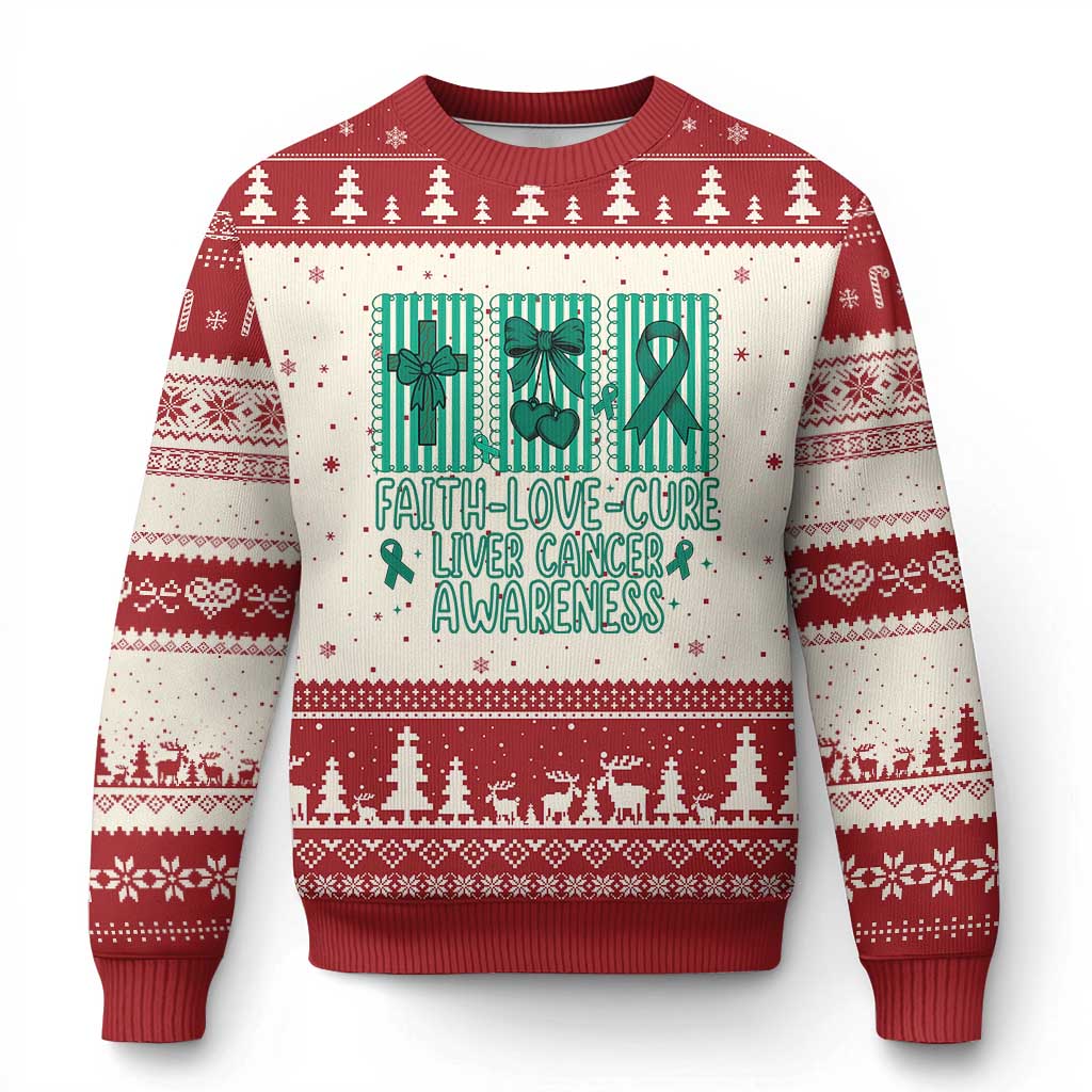 Faith Love And Cure Liver Cancer Awareness Ugly Christmas Sweater Hope Survivor Support TS12 Beige Red Print Your Wear