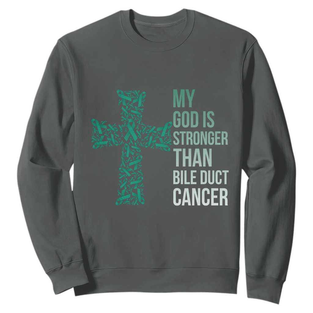 My God Is Stronger Than Bile Duct Cancer Sweatshirt Faith Over Fear Support Gift TS12 Dark Heather Print Your Wear