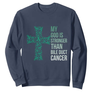 My God Is Stronger Than Bile Duct Cancer Sweatshirt Faith Over Fear Support Gift TS12 Navy Print Your Wear