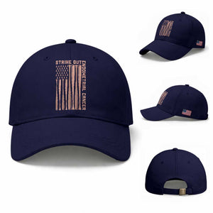 Strike Out Endometrial Cancer Baseball Baseball Cap Peach Ribbon American Flag Support Gift TS12 Baseball Cap Universal Fit Dark Blue Print Your Wear