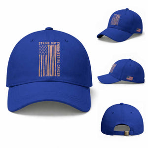 Strike Out Endometrial Cancer Baseball Baseball Cap Peach Ribbon American Flag Support Gift TS12 Baseball Cap Universal Fit Royal Blue Print Your Wear