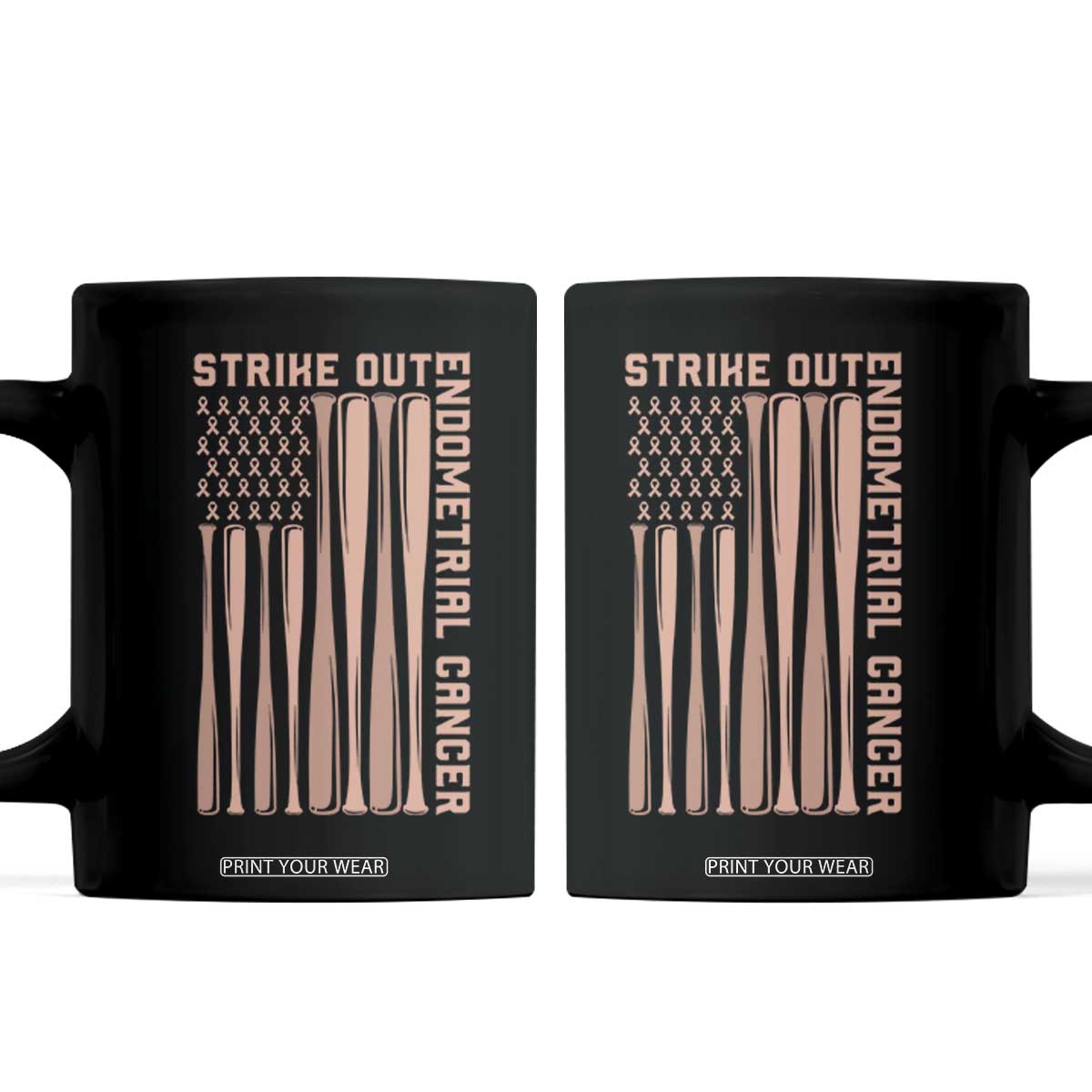 Strike Out Endometrial Cancer Baseball Coffee Mug Peach Ribbon American Flag Support Gift TS12 Black Print Your Wear