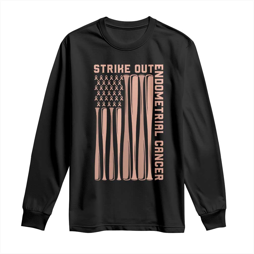 Strike Out Endometrial Cancer Baseball Long Sleeve Shirt Peach Ribbon American Flag Support Gift TS12 Black Print Your Wear