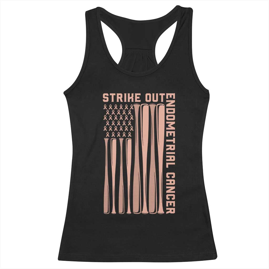 Strike Out Endometrial Cancer Baseball Racerback Tank Top Peach Ribbon American Flag Support Gift TS12 Black Print Your Wear