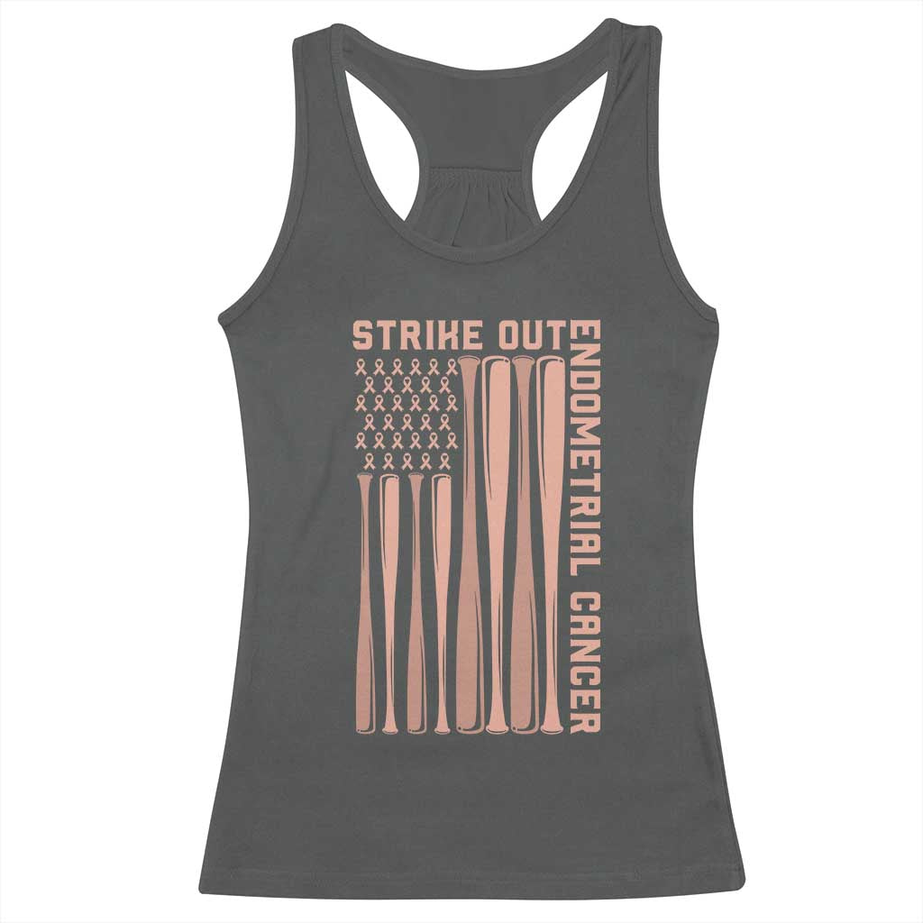 Strike Out Endometrial Cancer Baseball Racerback Tank Top Peach Ribbon American Flag Support Gift TS12 Dark Heather Print Your Wear