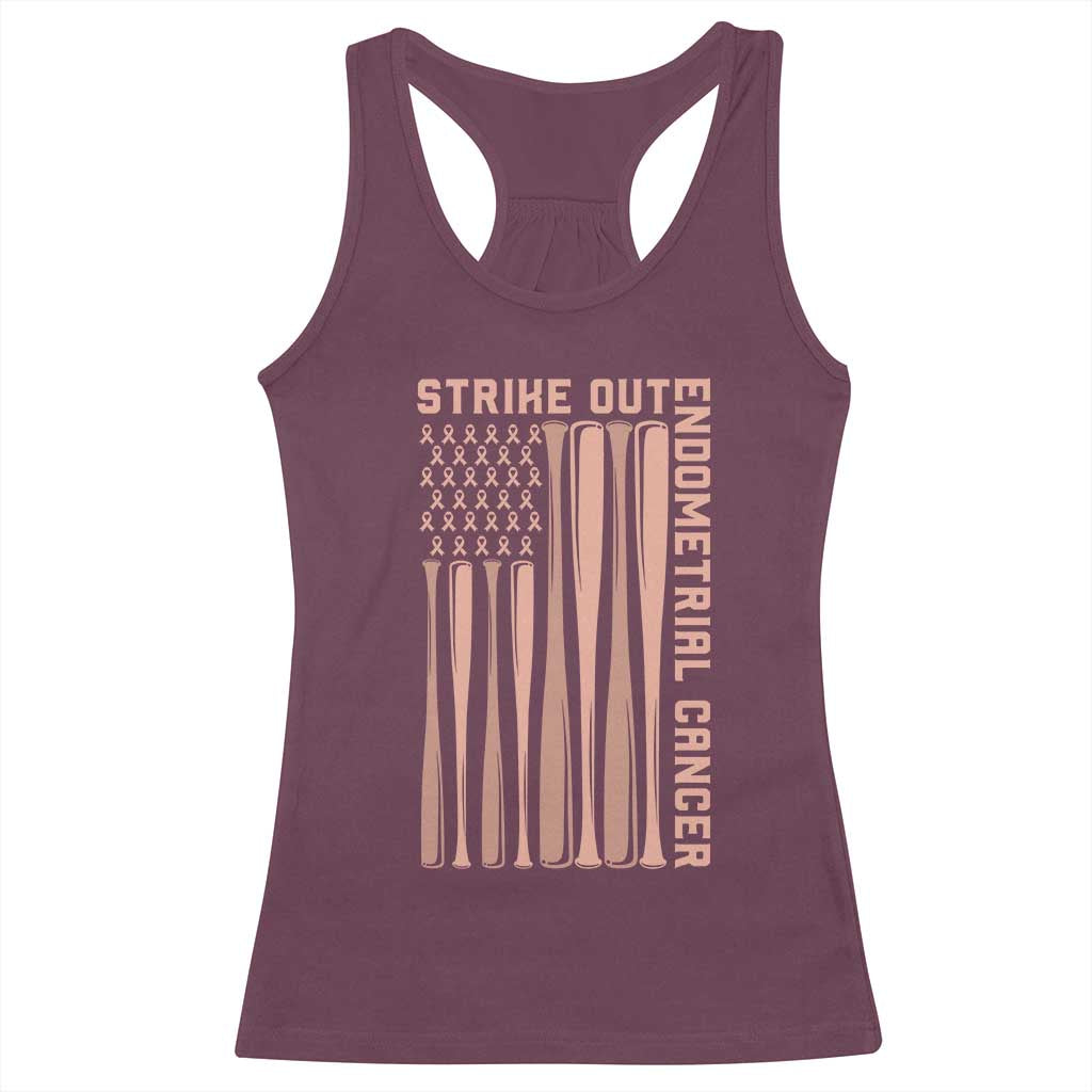 Strike Out Endometrial Cancer Baseball Racerback Tank Top Peach Ribbon American Flag Support Gift TS12 Maroon Print Your Wear