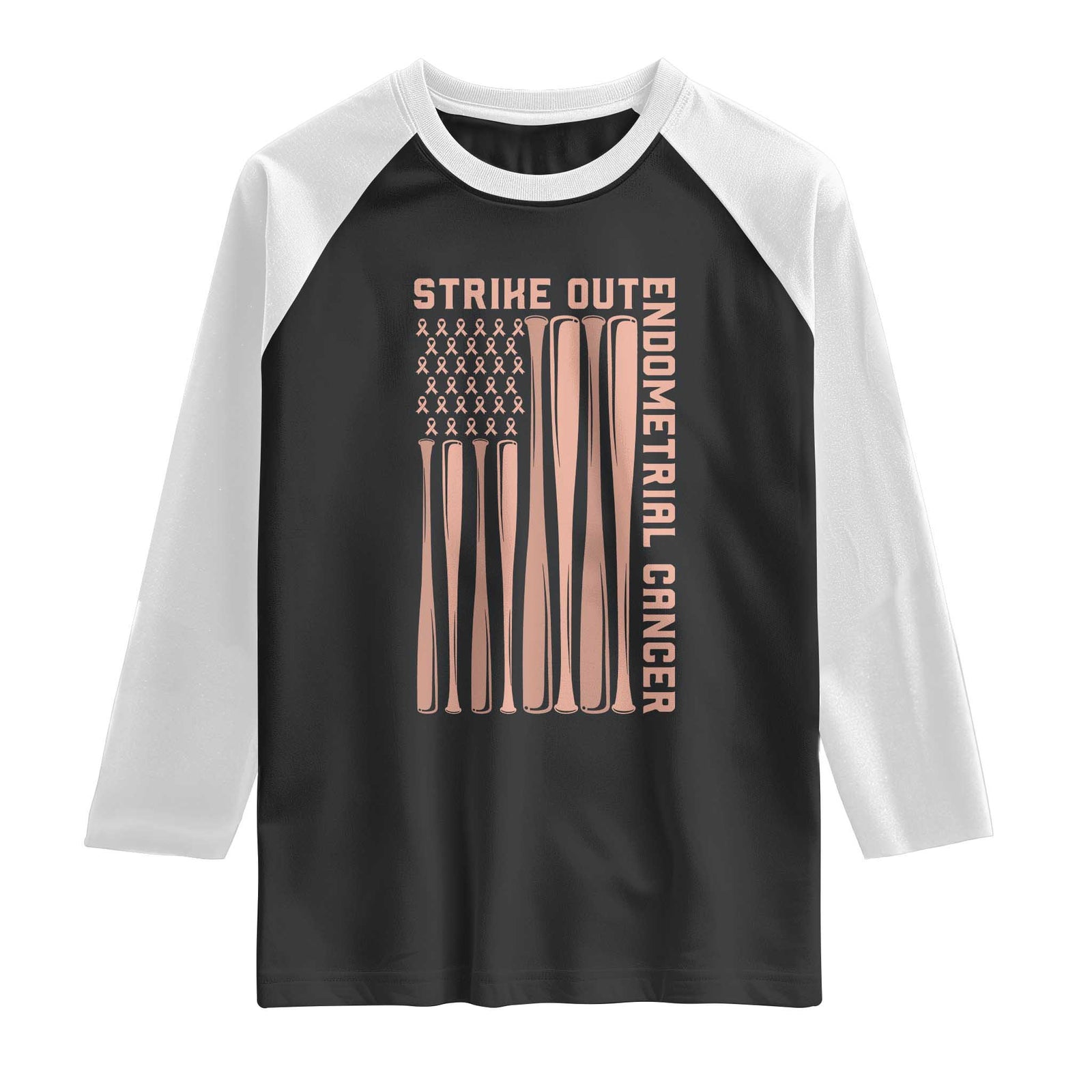 Strike Out Endometrial Cancer Baseball Raglan Shirt Peach Ribbon American Flag Support Gift TS12 Black White Print Your Wear