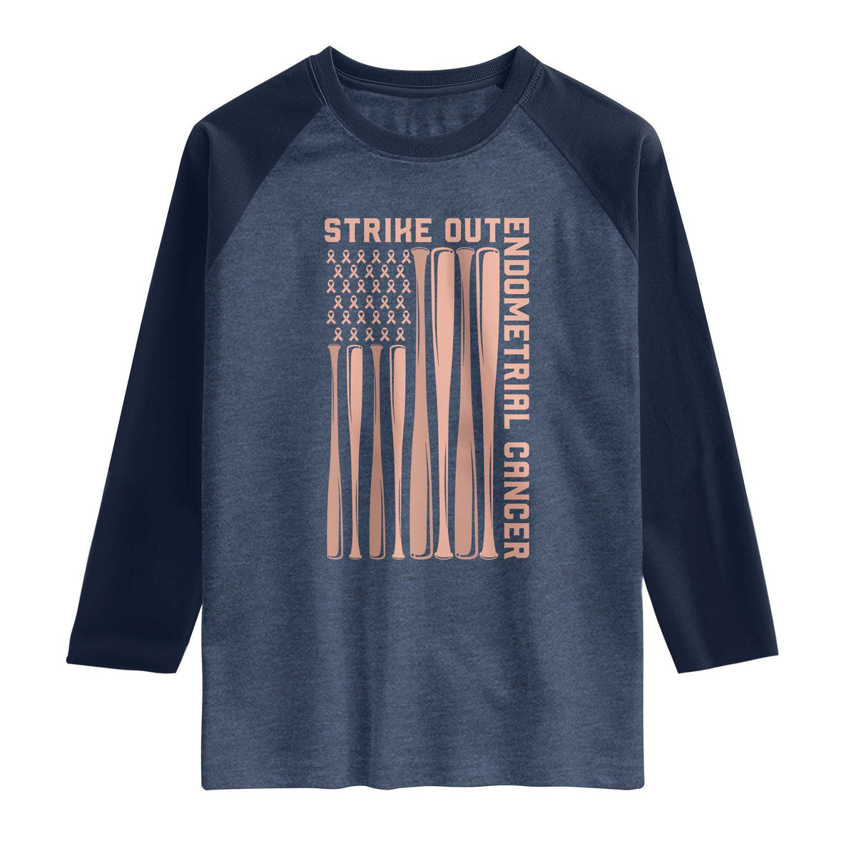 Strike Out Endometrial Cancer Baseball Raglan Shirt Peach Ribbon American Flag Support Gift TS12 Heather Denim Navy Print Your Wear