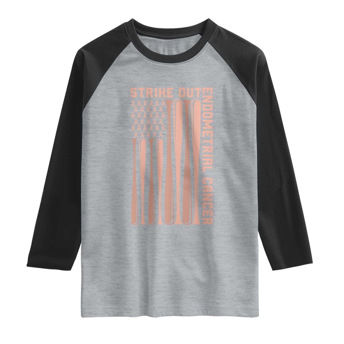 Strike Out Endometrial Cancer Baseball Raglan Shirt Peach Ribbon American Flag Support Gift TS12 Heather Gray Black Print Your Wear