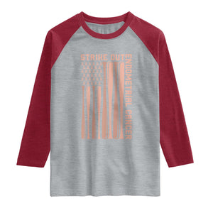 Strike Out Endometrial Cancer Baseball Raglan Shirt Peach Ribbon American Flag Support Gift TS12 Heather Gray Heather Red Print Your Wear