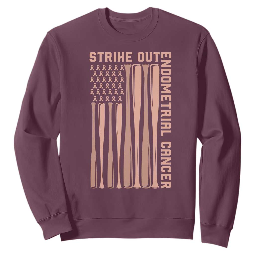 Strike Out Endometrial Cancer Baseball Sweatshirt Peach Ribbon American Flag Support Gift TS12 Maroon Print Your Wear