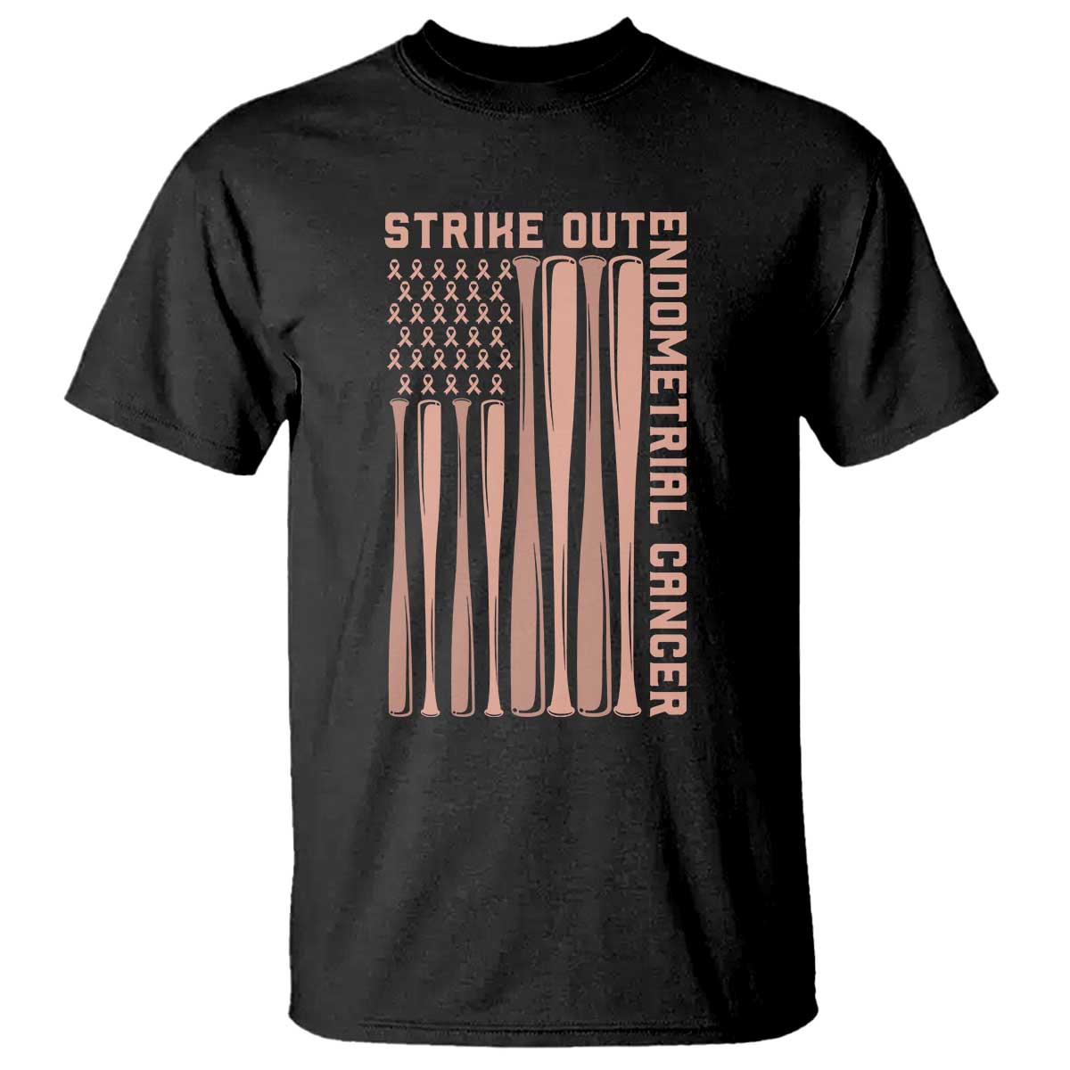 Strike Out Endometrial Cancer Baseball T Shirt Peach Ribbon American Flag Support Gift TS12 Black Print Your Wear
