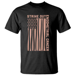 Strike Out Endometrial Cancer Baseball T Shirt Peach Ribbon American Flag Support Gift TS12 Black Print Your Wear