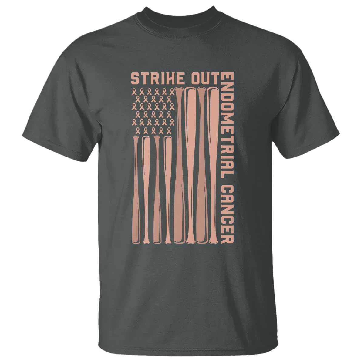 Strike Out Endometrial Cancer Baseball T Shirt Peach Ribbon American Flag Support Gift TS12 Dark Heather Print Your Wear
