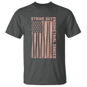 Strike Out Endometrial Cancer Baseball T Shirt Peach Ribbon American Flag Support Gift TS12 Dark Heather Print Your Wear