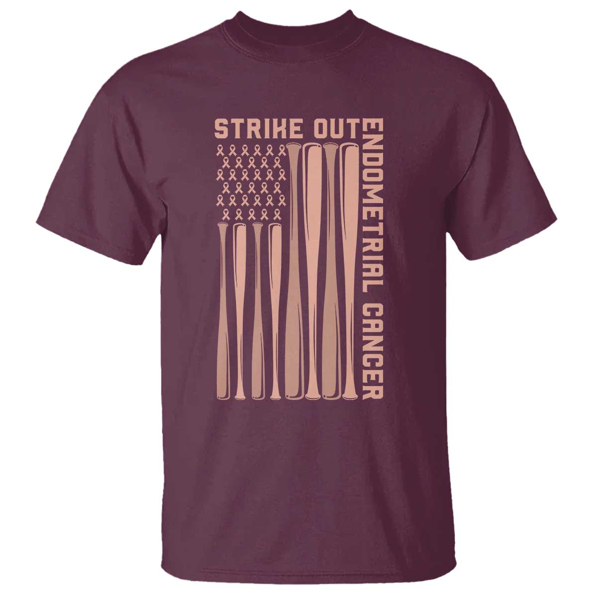 Strike Out Endometrial Cancer Baseball T Shirt Peach Ribbon American Flag Support Gift TS12 Maroon Print Your Wear