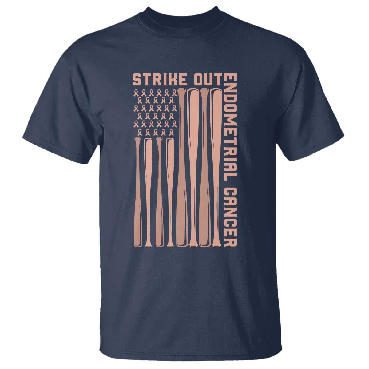Strike Out Endometrial Cancer Baseball T Shirt Peach Ribbon American Flag Support Gift TS12 Navy Print Your Wear