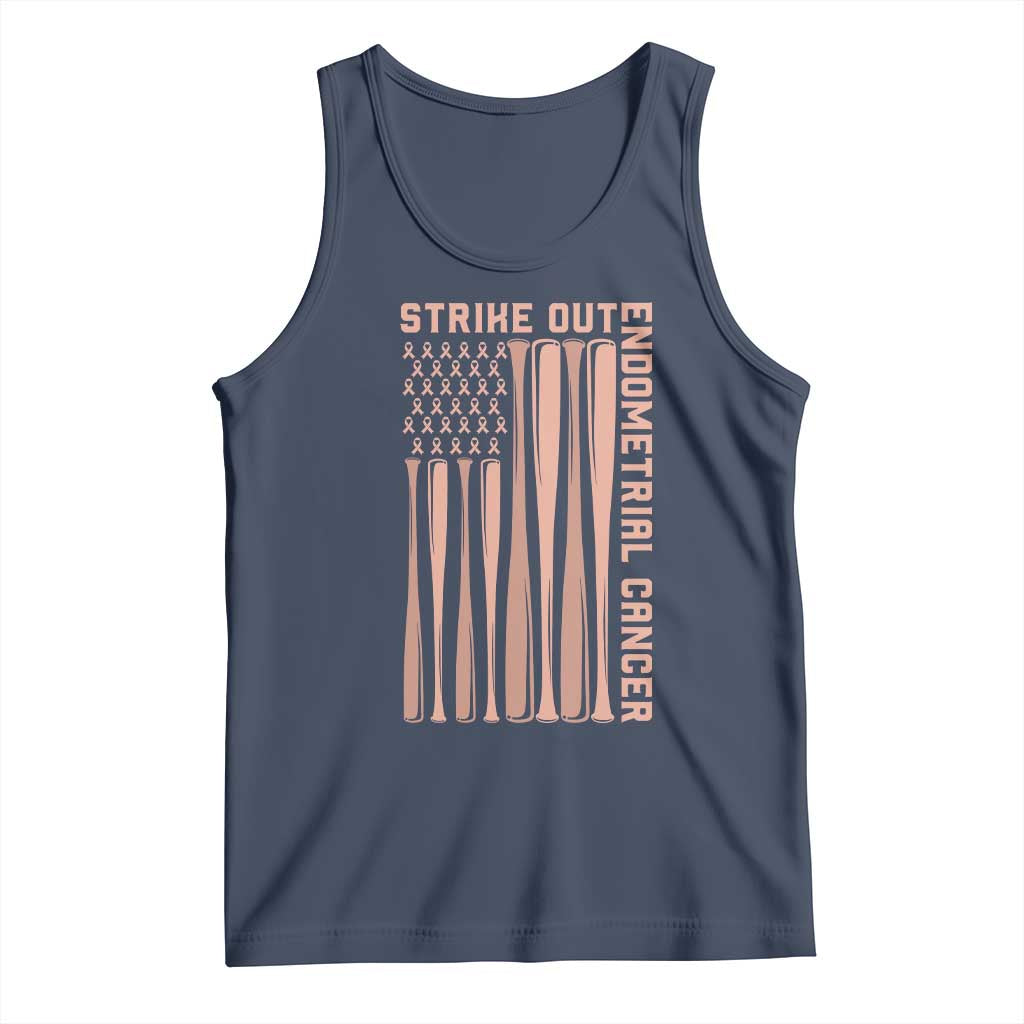 Strike Out Endometrial Cancer Baseball Tank Top Peach Ribbon American Flag Support Gift TS12 Navy Print Your Wear