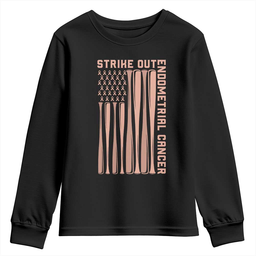 Strike Out Endometrial Cancer Baseball Youth Sweatshirt Peach Ribbon American Flag Support Gift TS12 Black Print Your Wear