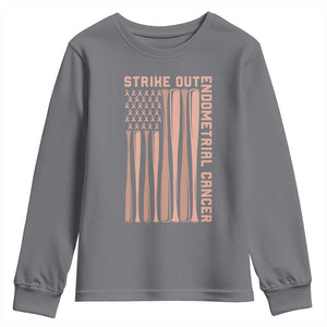 Strike Out Endometrial Cancer Baseball Youth Sweatshirt Peach Ribbon American Flag Support Gift TS12 Charcoal Print Your Wear