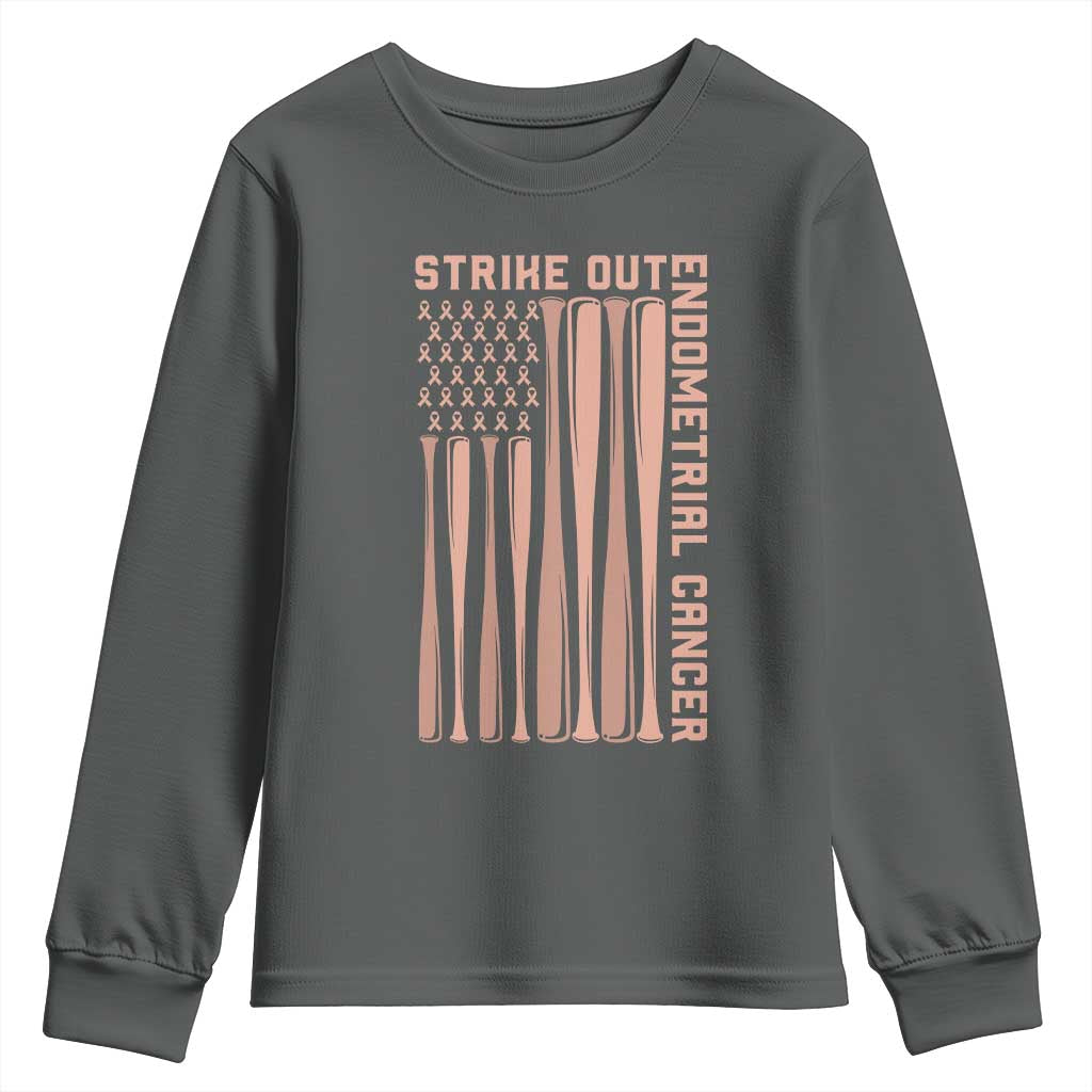 Strike Out Endometrial Cancer Baseball Youth Sweatshirt Peach Ribbon American Flag Support Gift TS12 Dark Heather Print Your Wear