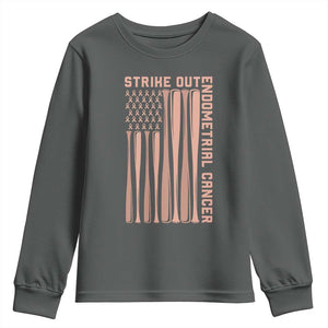 Strike Out Endometrial Cancer Baseball Youth Sweatshirt Peach Ribbon American Flag Support Gift TS12 Dark Heather Print Your Wear
