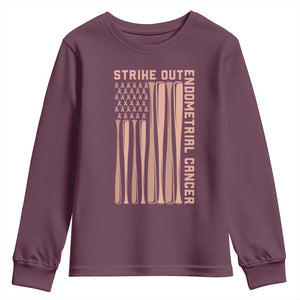 Strike Out Endometrial Cancer Baseball Youth Sweatshirt Peach Ribbon American Flag Support Gift TS12 Maroon Print Your Wear
