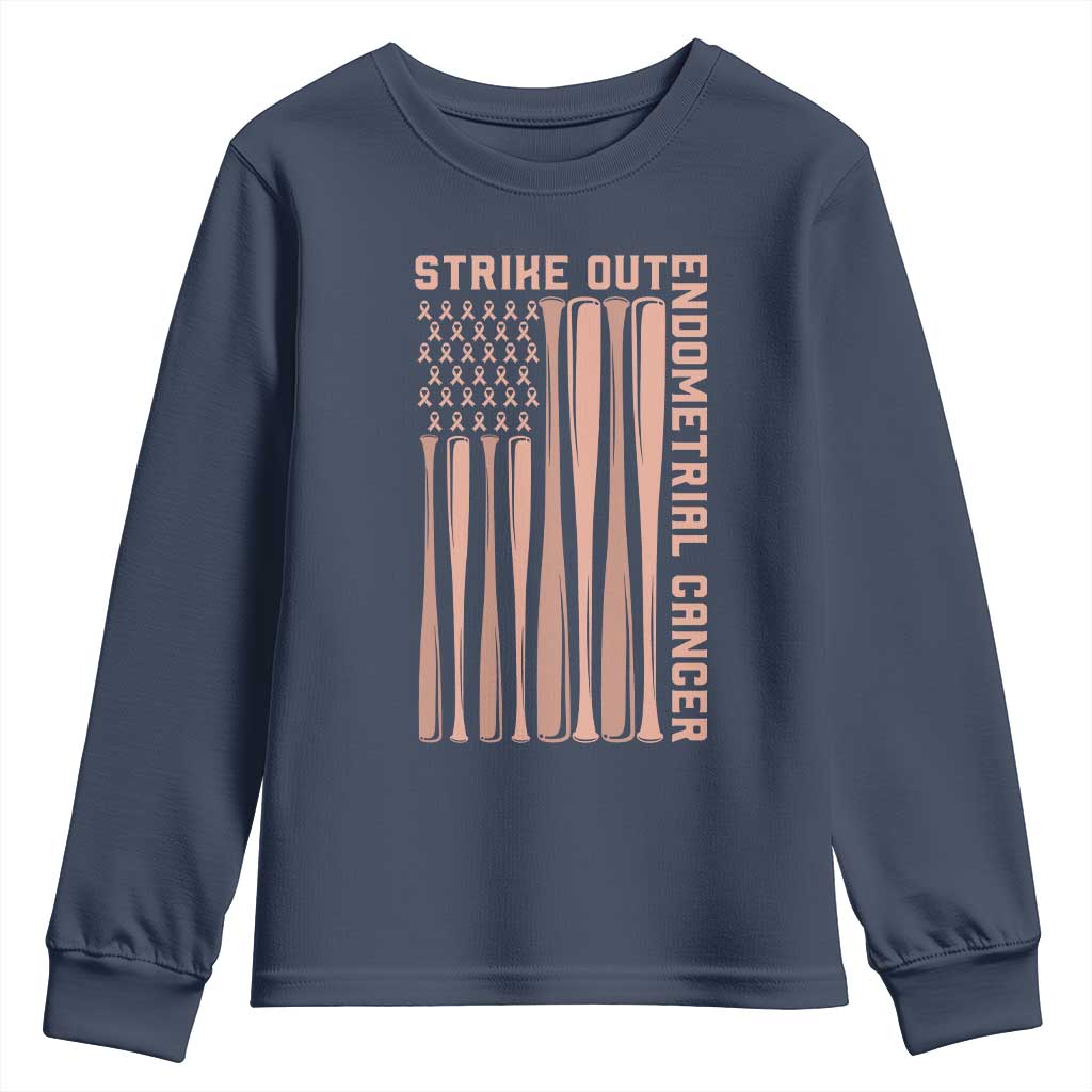 Strike Out Endometrial Cancer Baseball Youth Sweatshirt Peach Ribbon American Flag Support Gift TS12 Navy Print Your Wear