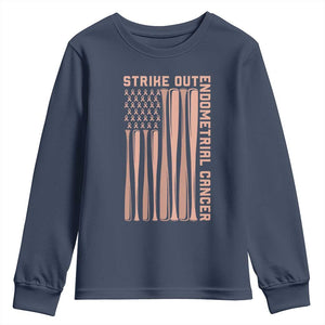 Strike Out Endometrial Cancer Baseball Youth Sweatshirt Peach Ribbon American Flag Support Gift TS12 Navy Print Your Wear