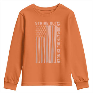 Strike Out Endometrial Cancer Baseball Youth Sweatshirt Peach Ribbon American Flag Support Gift TS12 Orange Print Your Wear