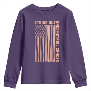Strike Out Endometrial Cancer Baseball Youth Sweatshirt Peach Ribbon American Flag Support Gift TS12 Purple Print Your Wear