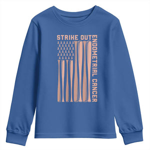 Strike Out Endometrial Cancer Baseball Youth Sweatshirt Peach Ribbon American Flag Support Gift TS12 Royal Blue Print Your Wear