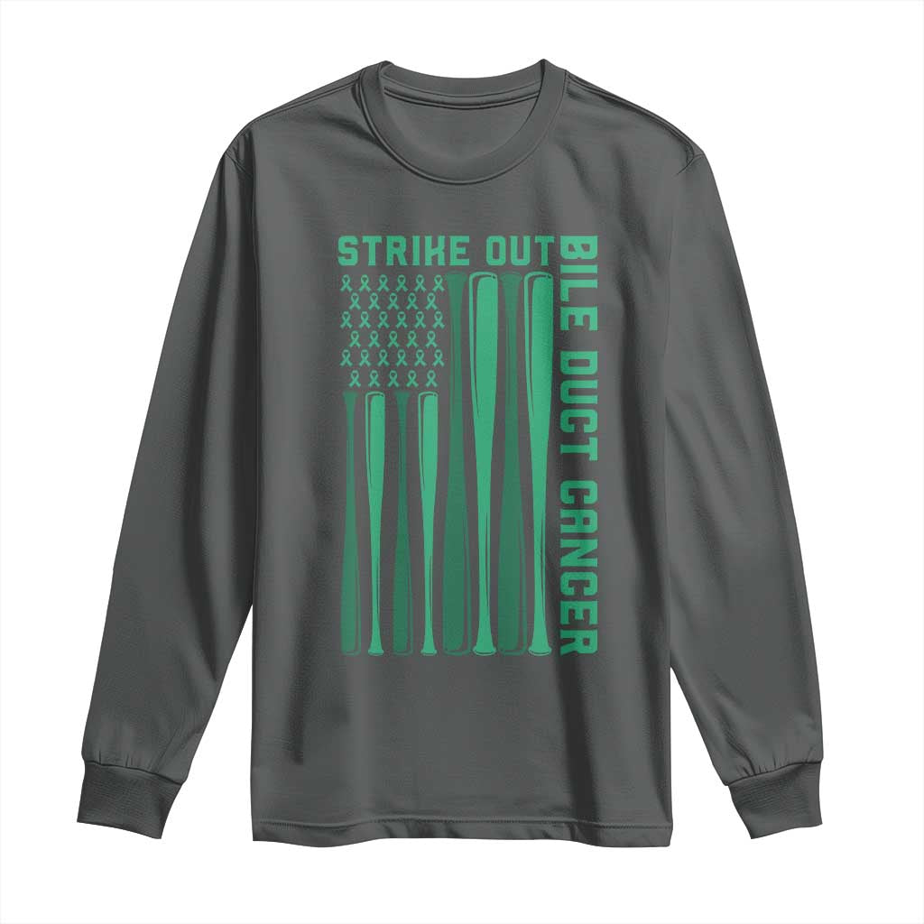 Strike Out Bile Duct Cancer Long Sleeve Shirt Baseball American Flag Hope Gift TS12 Dark Heather Print Your Wear
