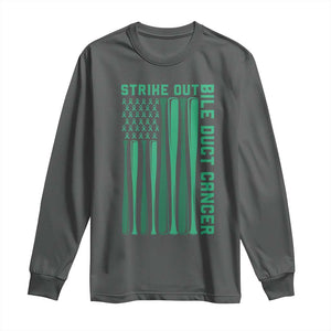 Strike Out Bile Duct Cancer Long Sleeve Shirt Baseball American Flag Hope Gift TS12 Dark Heather Print Your Wear