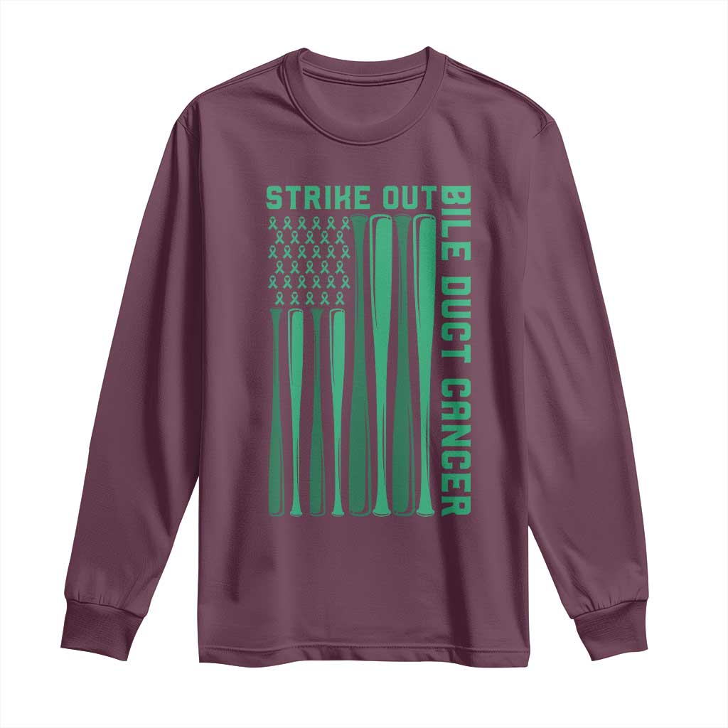 Strike Out Bile Duct Cancer Long Sleeve Shirt Baseball American Flag Hope Gift TS12 Maroon Print Your Wear