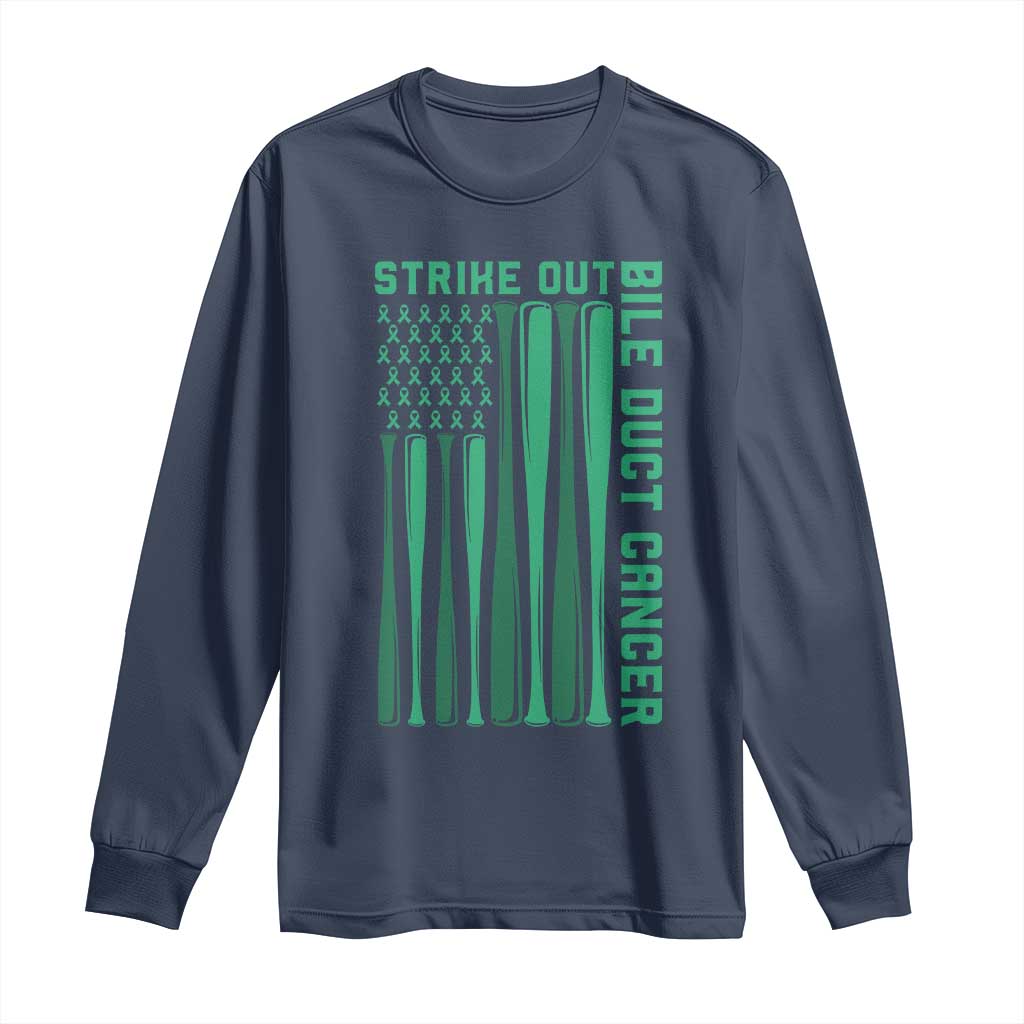 Strike Out Bile Duct Cancer Long Sleeve Shirt Baseball American Flag Hope Gift TS12 Navy Print Your Wear