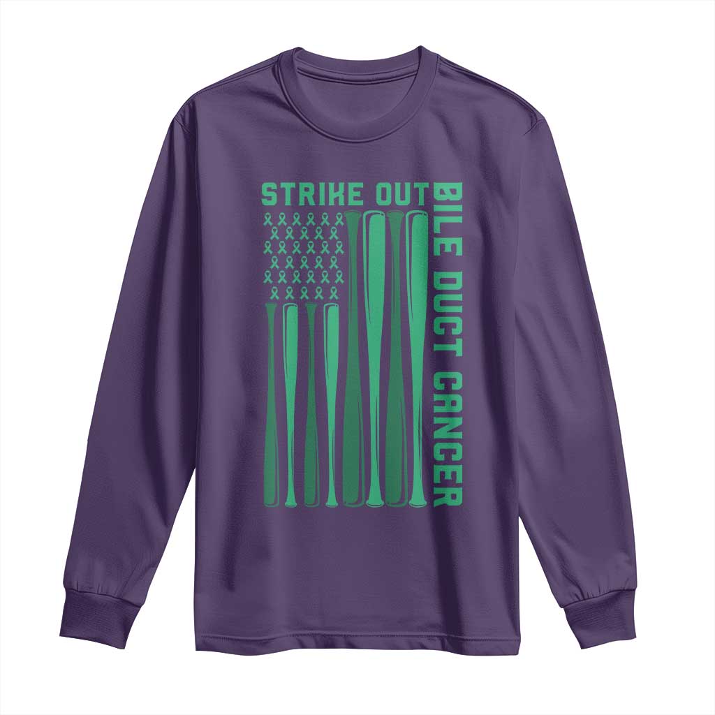 Strike Out Bile Duct Cancer Long Sleeve Shirt Baseball American Flag Hope Gift TS12 Purple Print Your Wear