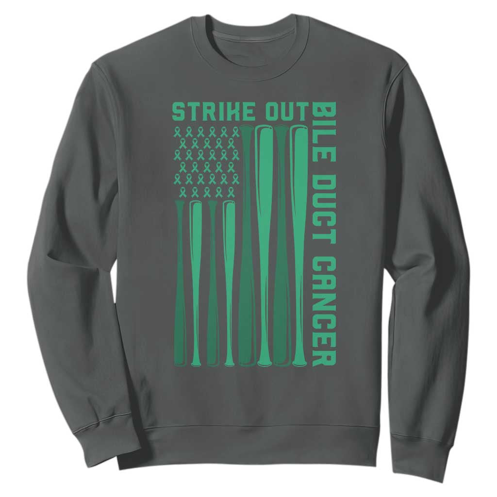Strike Out Bile Duct Cancer Sweatshirt Baseball American Flag Hope Gift TS12 Dark Heather Print Your Wear