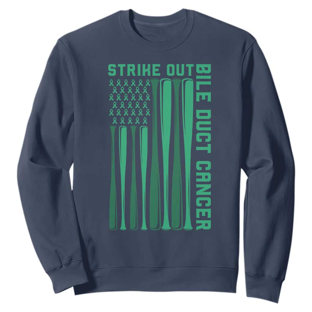 Strike Out Bile Duct Cancer Sweatshirt Baseball American Flag Hope Gift TS12 Navy Print Your Wear